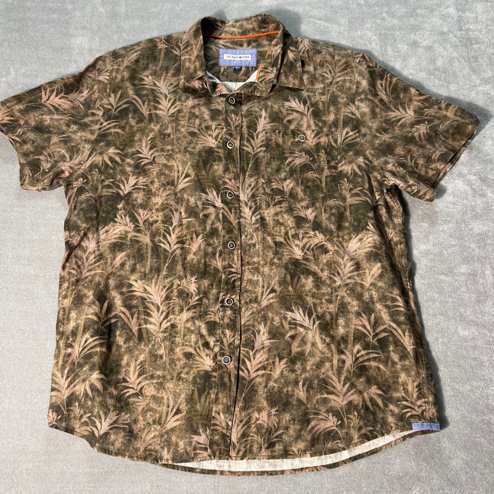 32 Bar Blues Mens Large Brown Palm Leaf Print 100% Linen Short Sleeve Shirt L